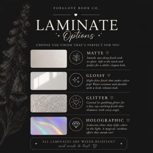 May include: A black informational chart titled FOXGLOVE BOOK CO. LAMINATE OPTIONS featuring four rectangular swatches: matte, glossy, glitter, and holographic. Each swatch includes a descriptive text block and a corresponding icon on a black background.