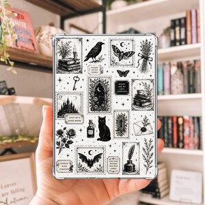 May include: A clear tablet case featuring a black and white collage of illustrations including a raven, a moth, a black cat, a bat, a castle, stacks of books, a key, a quill, and text reading Wicked Little Things, Books Are My Love Language, and more.