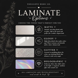 K&ouml;nnte beinhalten: Eine schwarze Infografik von Foxglove Book Co. mit dem Titel LAMINATE OPTIONS. Sie zeigt vier rechteckige Muster: matt, gl&auml;nzend, glitzernd und holografisch. Jedes Muster hat ein Symbol und eine Textbeschreibung des jeweiligen Finishs.