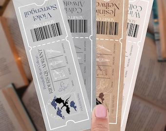 May include: A hand holds four decorative tickets with a fantasy theme. Each ticket features a unique color and design, including text like "RIDERS QUADRANT" and "FOURTH WING". The tickets have a vintage aesthetic.