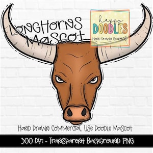 Longhorns School Mascot - Doodle Clipart PNG Digital Design - Longhorns Hand Drawn Clipart - Team Mascot - School Spirit - Preppy Mascot