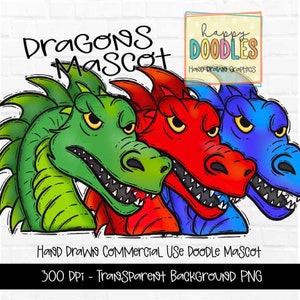 Dragon School Mascot - Doodle Clipart PNG Digital Design - Dragon Hand Drawn Clipart - Team Mascot - School Spirit - Preppy Dragon