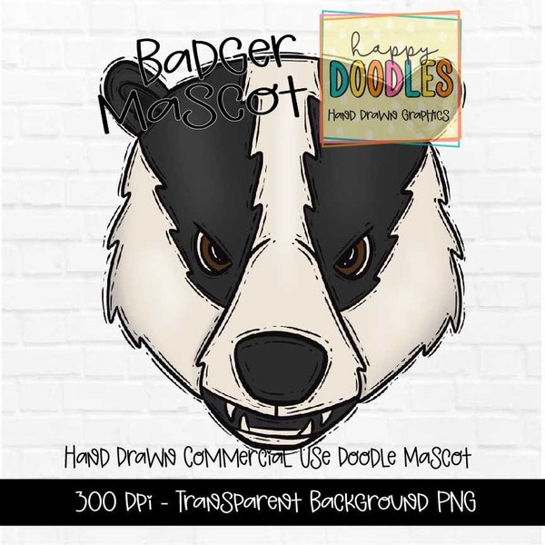 Badger School Mascot - Doodle Clipart PNG Digital Design - Badger Hand Drawn Clipart - Team Mascot - School Spirit - Preppy Badger