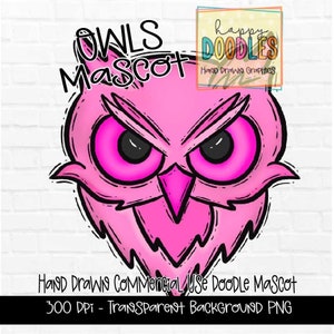 Pink Owls School Mascot - Doodle Clipart PNG Digital Design - Panthers Hand Drawn Clipart - Team Mascot - School Spirit - Commercial Use