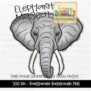 Elephant School Mascot - Doodle Clipart PNG Digital Design - Elephants Hand Drawn Clipart - Team Mascot - School Spirit - Commercial Use