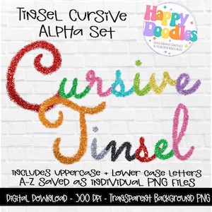Tinsel Letters PNG Cursive Bundle, Volledige PNG Alpha Set, 10 kleuren, Sparkle Sublimation Alpha, Kerstlettertype