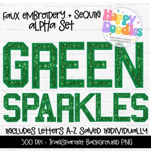 Pacote de letras de lantejoulas bordadas falsas verdes, conjunto completo de PNG Alpha, Sparkle Varsity Sublimation Alpha