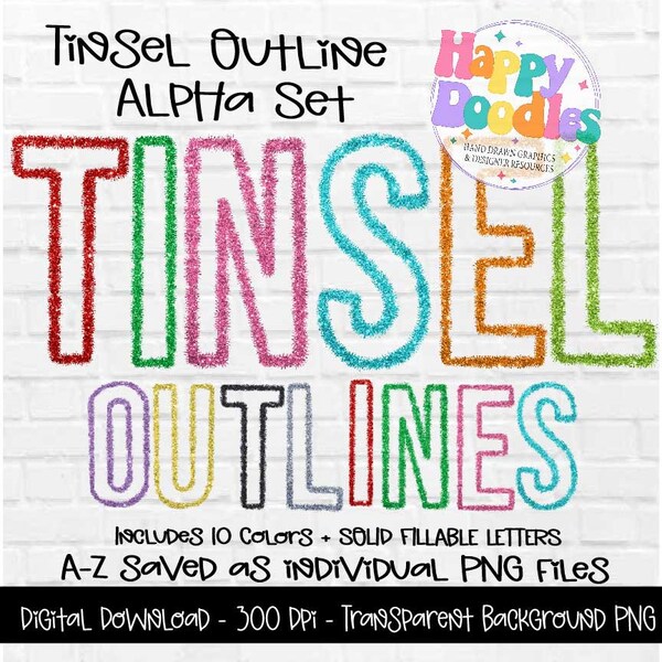 Tinsel Letters PNG Outline Bundle,  Full PNG Alpha Set, 10 Colors, Sparkle Sublimation Alpha, Christmas Font