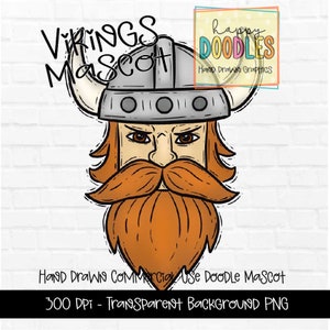 May include: A hand-drawn cartoon illustration of a Viking mascot with a red beard and mustache wearing a horned helmet. The illustration is in a cartoon style with a white background. The text "VIKINGS Mascot" is above the illustration and the text "HAND DRAWN COMMERCIAL USE DOODLE MASCOT 300 DPI - TRANSPARENT BACKGROUND PNG" is below the illustration.