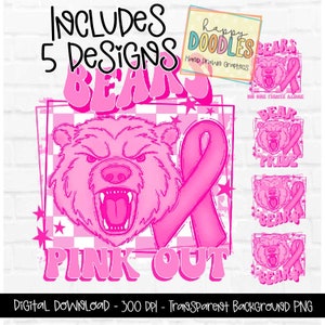Bears Pink Out Breast Cancer Awareness Bundle,  Groovy Checkered Starry Eyed Hand Drawn Preppy Mascot PNG, School Mascot Digital Design