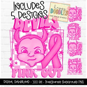 Paquete de concientización sobre el cáncer de mama Devils Pink Out, mascota preppy dibujada a mano con ojos estrellados a cuadros maravillosos PNG, diseño digital de mascota escolar