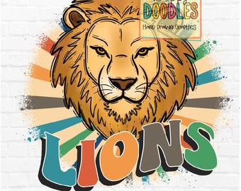 Lions Preppy Mascot PNG - Retro Colors Mascot - School Mascot Digital Design - Hand Drawn - Team School Spirit