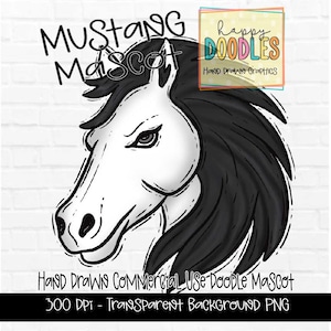 Mustangs School Mascot - Doodle Clipart PNG Digital Design - Broncos Hand Drawn Clipart - Team Mascot - School Spirit - Black White Horse