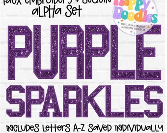 Purple Faux Embroidery Sequin Letters Bundle,  Full PNG Alpha Set,  Sparkle Varsity Sublimation Alpha
