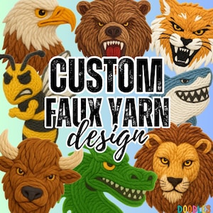 May include: A collection of custom faux yarn designs featuring various animal faces. The image includes an eagle, bear, fox, shark, lion, bee, bull, and crocodile. The text "CUSTOM FAUX YARN design" is displayed in the center of the image.