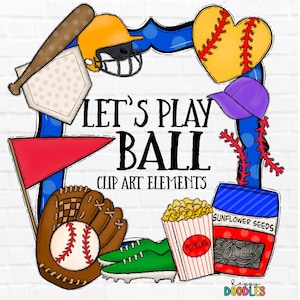 Puede incluir: Ilustración digital con elementos de clip art con temática de béisbol. El diseño incluye un bate de béisbol, casco, plato de home, banderín rojo, guante de béisbol, pelota de béisbol, tacos verdes, palomitas de maíz, semillas de girasol y un béisbol en forma de corazón. Texto: "LET'S PLAY BALL".