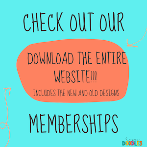 May include: A bright orange circle with the text "CHECK OUT OUR DOWNLOAD THE ENTIRE WEBSITE!!! INCLUDES THE NEW AND OLD DESIGNS MEMBERSHIPS" on a light blue background. The text "happy DOODLES" is in the lower right corner.