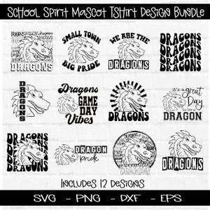 Dragons T-shirt Design Bundle, Preppy Mascot PNG, School Mascot Digital Design,  Hand Drawn, Team School Spirit, One Color Design,