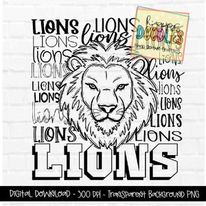 Lions Preppy Mascot PNG, Lions Typography Subway Art, School Mascot Digital Design, Hand Drawn, Team School Spirit, One Color Design