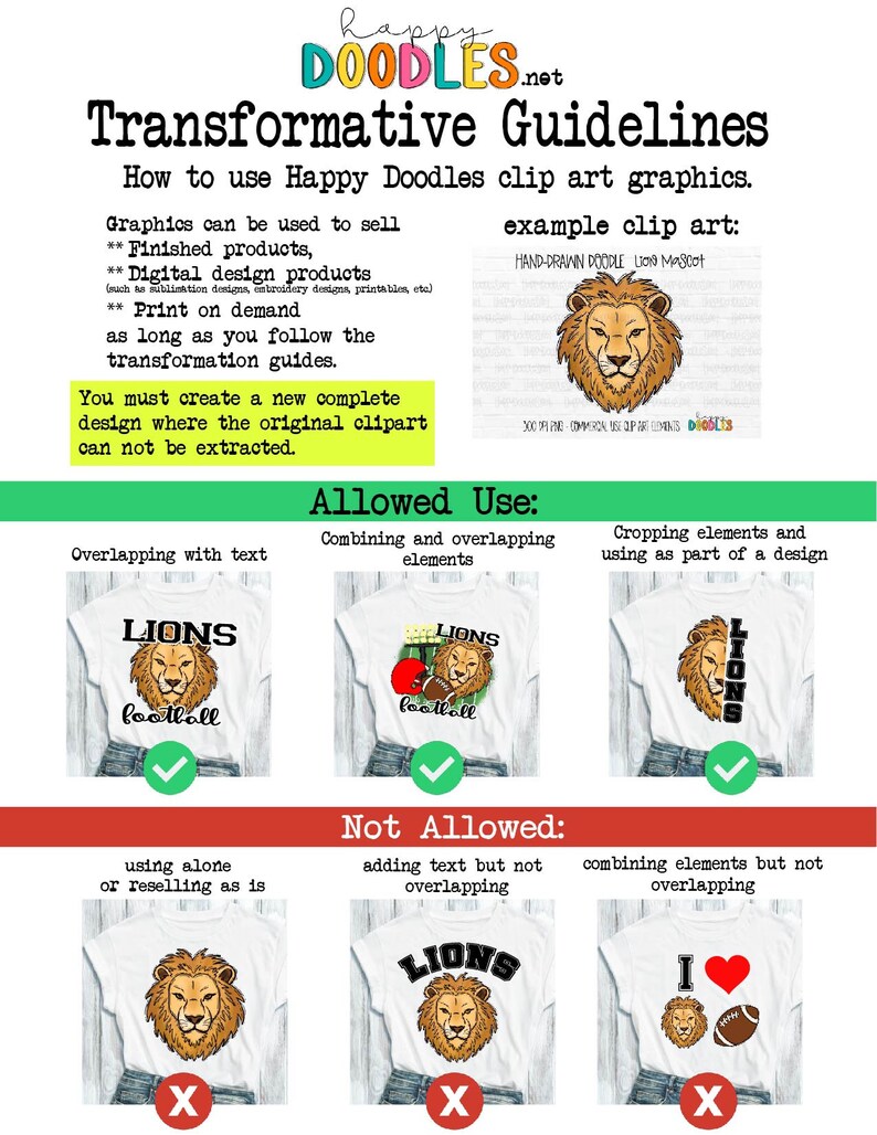 May include: A graphic showing the allowed and not allowed uses of clip art graphics. The allowed uses include overlapping with text, combining and overlapping elements, and cropping elements and using as part of a design. The not allowed uses include using alone or reselling as is, adding text but not overlapping, and combining elements but not overlapping.