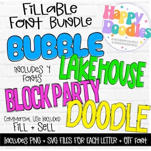 Invulbare lettertypebundel, alfasets, leuke lettertypen, doodle-overzichtlettertype, alfaset, invulbaar lettertype, inclusief commercieel gebruik, inclusief 4 lettertypesets