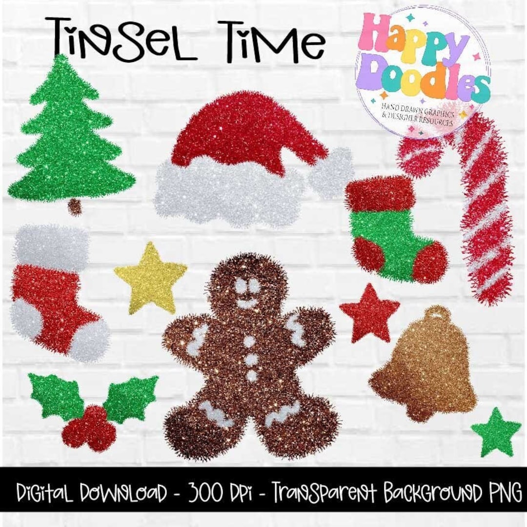 Christmas Tinsel Clip Art, Hand Drawn Graphics, Gingerbread Family