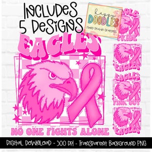 Eagles Pink Out Breast Cancer Awareness Bundle,  Groovy Checkered Starry Eyed Hand Drawn Preppy Mascot PNG, School Mascot Digital Design