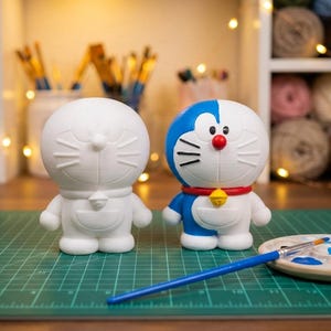 May include: Two Doraemon figurines, one painted and one unpainted, sit on a green cutting mat. The painted figure is blue, white, and red, with a yellow bell. A paintbrush and palette with blue and red paint are in the foreground. Crafting theme.