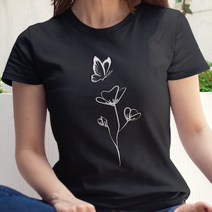 Flower and Butterfly Tshirt | Pretty Floral T-Shirt | Wildflower Design Women&#39;s Shirt
