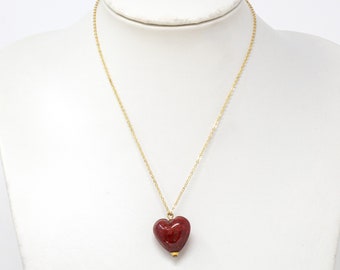 Vintage necklace with handmade Murano glass heart-shaped bead, red color, aventurine decoration, 1980s Made in Italy