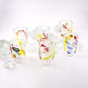 Set of 6 Goti de Fornase glasses handmade with Murano glass, decorated with murrine and colored canes, traditional Venetian Tumblers