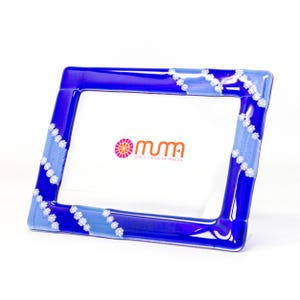 Photo frame original Murano glass colored with shades of blue, decorated with white flower murrine, handcrafted, Made in Italy by Muma