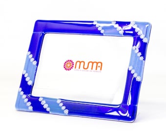 Handcrafted Murano Glass Photo Frame, Blue with White Murrine, Made in Italy