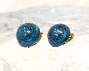 Handmade vintage Murano glass earrings, dark blue glass with glitter, 1980s jewellery Made in Italy.