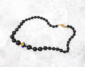 Unique Piece! Vintage Murano glass necklace with handmade black beads, decorated with colored murrine, 80s Made in Italy