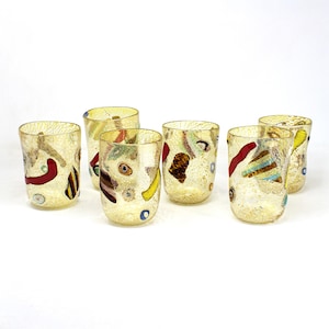 Set of 6 Goti de Fornase glasses in handmade topaz Murano glass, decorated with silver leaf and colored murrine, Venetian Tumblers by Muma