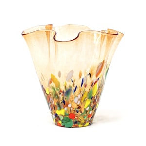Fazzoletto vase created by hand in Amber Murano glass, decorated with millefiori murrine. Made in Italy product by Muma Venezia
