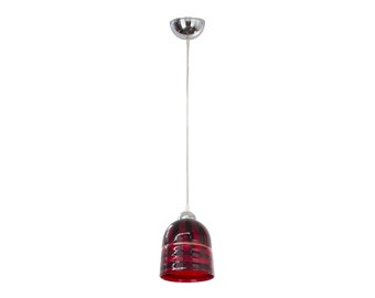 May include: A red and black glass pendant light with a chrome ceiling mount.