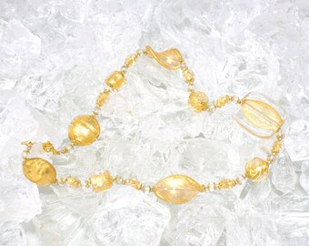 Single piece! Vintage Murano Glass Necklace with Handmade Gold Color Beads Decorated with Silver Leaf, 1980s Made in Italy