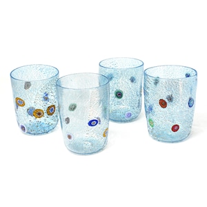 Set of 4 Goti de Fornase glasses handmade with light-blue Murano glass, decorated with multicolored murrine, traditional Venetian Tumblers