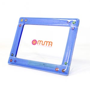 Photo frame original Murano glass colored in blue, decorated with colored millefiori murrine, handmade, Made in Italy by Muma