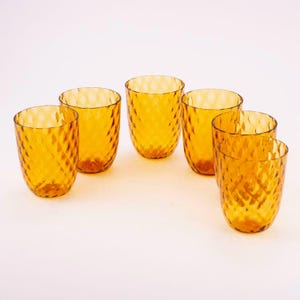 Set of 6 Goti de Fornase glasses with Ballotton Murano glass, handmade, amber in colour, traditional Venetian tumblers