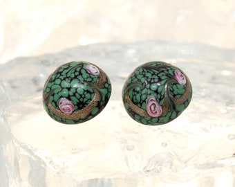 Handmade vintage Murano glass clip earrings, black with pink flowers, green decorations and gold aventurines, 1980s jewellery Made in Italy