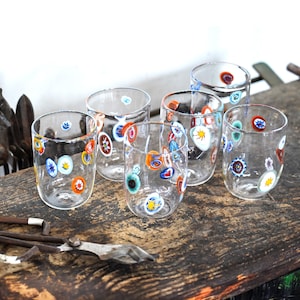 Set of 6 Happy Glass Goti de Fornase handmade Murano glass glasses, transparent glass with millefiori murrine, traditional Venetian Tumblers