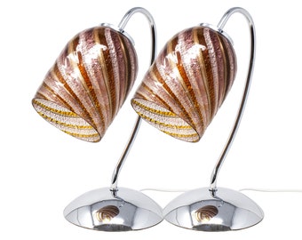 Rosa Murano Glas Tischlampen, Aventurin und Silber Blatt, Chrom, 2er Set