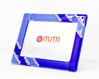 Murano Glass Photo Frame, Blue Ombre with White Murrina, Made in Italy