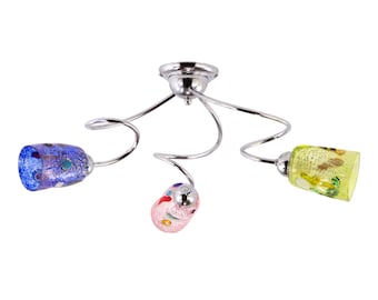 Handmade Italian 3-light sconce / ceiling lamp original Murano glass, multicolor murrine, chrome finish. Made in Italy product