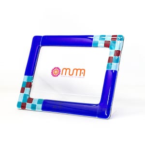 Dark blue Murano glass photo frame, multicolor artistic mosaic tiles, handmade in Italy by Muma