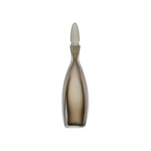 May include: A tall, slender, brown-tinted glass bottle with a rounded base and a long, narrow neck. It has a frosted, off-white stopper. The bottle's design is simple and elegant, suitable for decorative purposes.