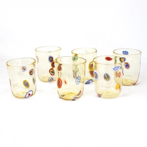 Set of 6 Goti de Fornase handmade Murano glass glasses, amber glass decorated with colored murrine, traditional Venetian Tumblers